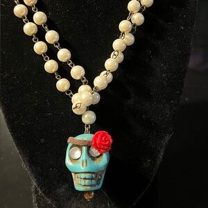 Source Unknown Turquoise Skull Necklace with Pearls and Red Rose